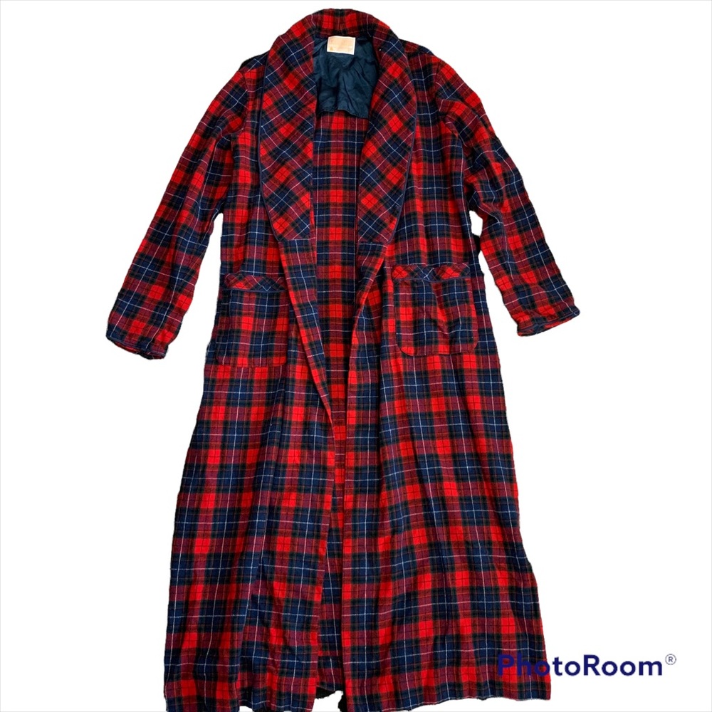 Vintage Pendleton Red Tartan Plaid Wool Robe Duster Open Front
